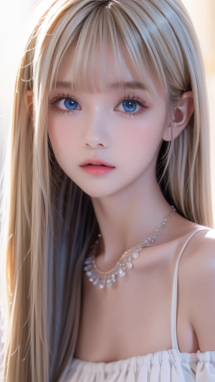 Realistic、The ultimate beautiful blonde、Ultra Recruitment、One baby-faced young idol girl、Distant Gaze、ootd、Off-the-shoulder white top、Round and young face、Accessories Full、 Necklaces 、Big, clear, and incredibly bright, vivid ice mint green eyes that shine beautifully、 big eyes、Long eyelashes、 Big Breasts 、 slim waist 、Light makeup、Neat teeth、Light blonde hair、Small Face Beauty、Very white, young, shiny skin、 super long straight silky hair 、bangs、目と目の間のbangs、目にかかるbangs、Round face