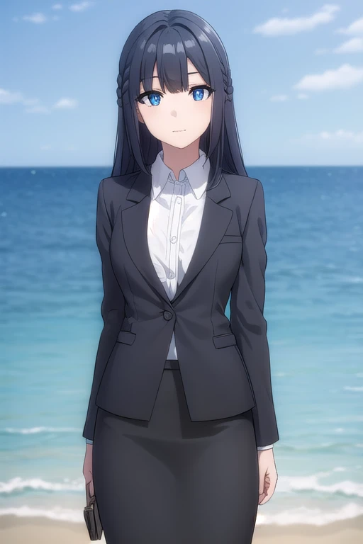 shoukomakinohara, shouko makinohara, long hair, blue eyes, black hair, braid, smile, 
BREAK suit, office lady, black skirt, black blazer, (black blazer:1.5), pencil skirt, (pencil skirt:1.5), white shirt, collared shirt
BREAK outdor, beach background, (beach background:1.6), summer, BREAK looking at viewer, (cowboy shot:1.5), BREAK (masterpiece:1.2), best quality, high resolution, unity 8k wallpaper, (illustration:0.8), (beautiful detailed eyes:1.6), extremely detailed face, perfect lighting, extremely detailed CG, (perfect hands, perfect anatomy),