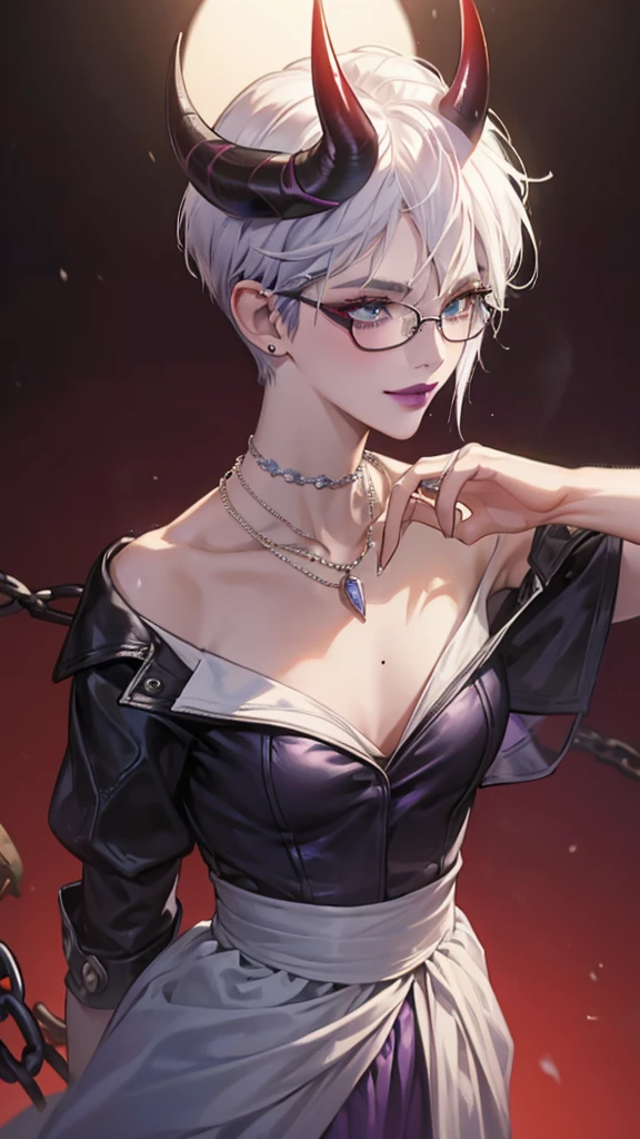 8k, masterpiece, best quality, highly detailed, 1 girl, tiefling, warlock, multicolored hair, very short straight hair green highlight hair on white hair, strippled hair, wearing glasses, round glasses, earrings, red eyeshadow, long eyelashes,navel piercing, blushed cheek, necklace, collarbone, mole, glamorous, purple and teal clothing, villainy, smirk, seductive face, halfbody view, rings, looking at viewer, demon horns, solo, antique dress, ballroom, palace, blue pale moon, sitting, tomboyish