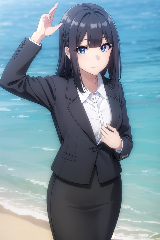 shoukomakinohara, shouko makinohara, long hair, blue eyes, black hair, braid, smile, 
BREAK suit, office lady, black skirt, black blazer, (black blazer:1.5), pencil skirt, (pencil skirt:1.5), white shirt, collared shirt
BREAK outdor, beach background, (beach background:1.6), summer, BREAK looking at viewer, (cowboy shot:1.5), BREAK (masterpiece:1.2), best quality, high resolution, unity 8k wallpaper, (illustration:0.8), (beautiful detailed eyes:1.6), extremely detailed face, perfect lighting, extremely detailed CG, (perfect hands, perfect anatomy),