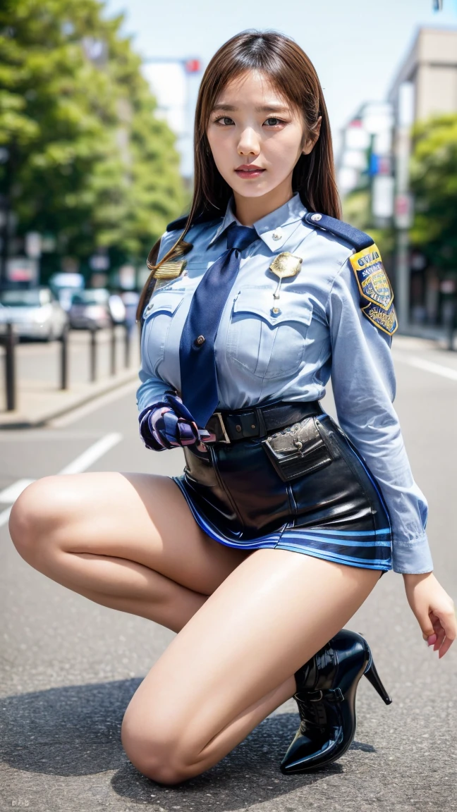 ((masterpiece, best quality, ultra high resolution)), 1 girl, Are standing, confident attitude, ((police officer, Wearing a police uniform, Police Uniform)),knee length skirt、 (((black hair, dark black hair))), Wavy long hair with bangs, white skin, ((Brown eyes)), shining eyes, (ultra detailed eyes:0.7, beautiful and detailed face, detailed eyes:0.9), ((Centered)), smile, ((cowboy shot)), Face-to-face audience, eye level, (((big breasts))), looking at the viewer, ((perfect hands)), beautiful lighting, outside, 屋outside, ((big police station in the background))、((face with shadow))、((delicate pictures)),(Detailed RAW photos of girls), (muste piece:1.25), (best quality:1.6), (ultra high resolution:1.5), (It's photorealistic:1.75), 8K resolution, Canon EOS R5, 50mm, disorganized, Super detailed,cinematic lighting,((skirt lift))、((grab the skirt))、((See-through purple lace panties are visible))、((Shot from under the front))、((navy high socks))、the wind is blowing