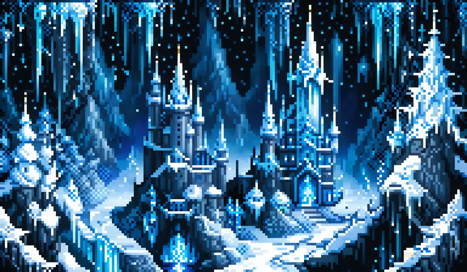 pixel art. the kingdom of the ice queen, tall ice spires, icicles and snowstorm. night scene, black sky, twinkling stars. blue and white