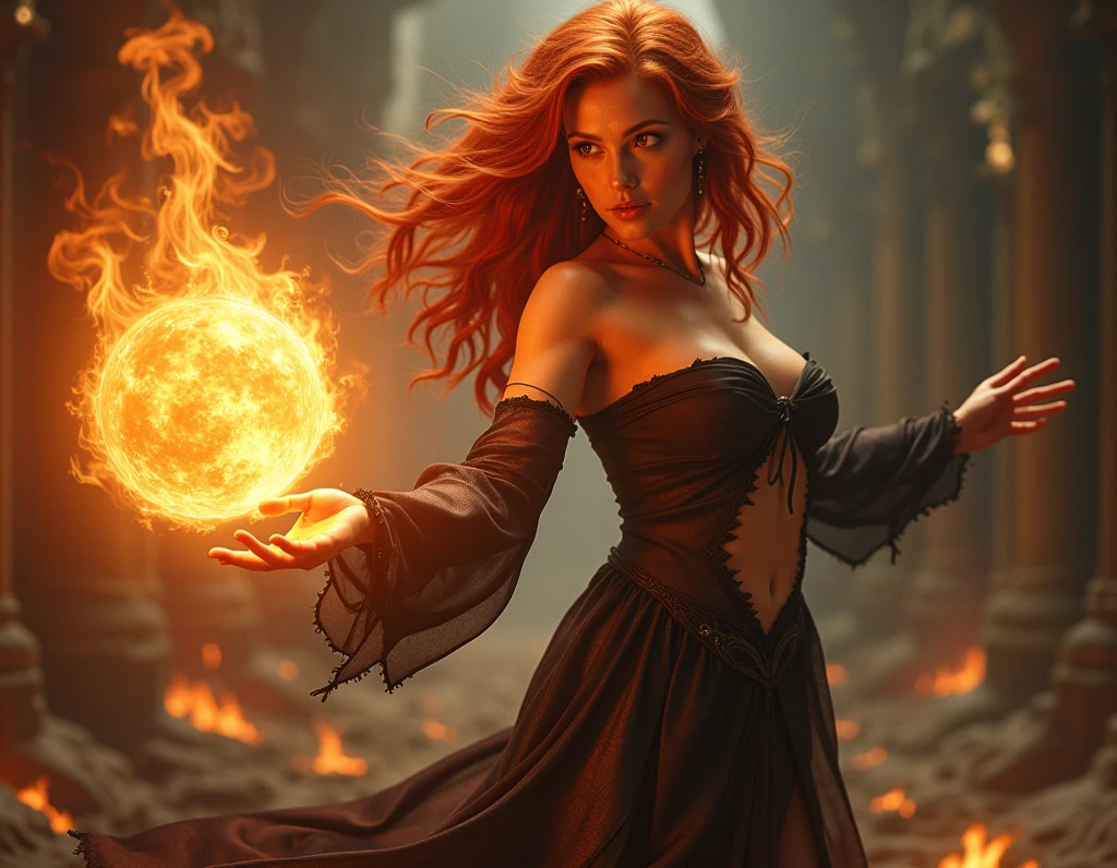 A fire sprite (cute woman, patches of flame dance on her skin, sheer flaming dress very revealing, light red skin, deep red eyes, flame hair), seductive graceful dance, setting woods aflame