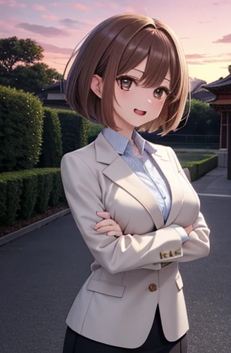 (  Masterpiece ,  best quality,  high definition , Genuine: 1.3), ( cross your arms), ( bright color,  bright color, Diffuse lighting: 1.1), Tsuki Shima,   mature mature , OL, formal, suit, skirt suit,  jacket,  color ( cowboy shooting: 1.2),  black pantyhose ,   pencil skirt,  shorthair,  brown hair,  bob cut ,  Brown Eyes , Big Breasts,  clevis,  watch viewers,  perfect body,  perfect eyes, Anime Eyes,  eyeshadow,  perfect face, ( excited , ), Scared, Night Park, sunset,  Light Background , Japanese park background, Lanterns in the park,   complex background ,  sharp concentration, Professional artwork,  complex details,  Digital Blending , VERY DETAILED BOOK , Ultra detailed hair,  Super detailed face ,  absurd,, big breasts