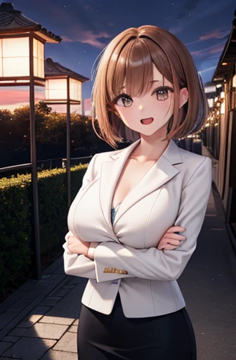 (  Masterpiece ,  best quality,  high definition , Genuine: 1.3), ( cross your arms), ( bright color,  bright color, Diffuse lighting: 1.1), Tsuki Shima,   mature mature , OL, formal, suit, skirt suit,  jacket,  color ( cowboy shooting: 1.2),  black pantyhose ,   pencil skirt,  shorthair,  brown hair,  bob cut ,  Brown Eyes , Big Breasts,  clevis,  watch viewers,  perfect body,  perfect eyes, Anime Eyes,  eyeshadow,  perfect face, ( excited , ), Scared, Night Park, sunset,  Light Background , Japanese park background, Lanterns in the park,   complex background ,  sharp concentration, Professional artwork,  complex details,  Digital Blending , VERY DETAILED BOOK , Ultra detailed hair,  Super detailed face ,  absurd,, big breasts