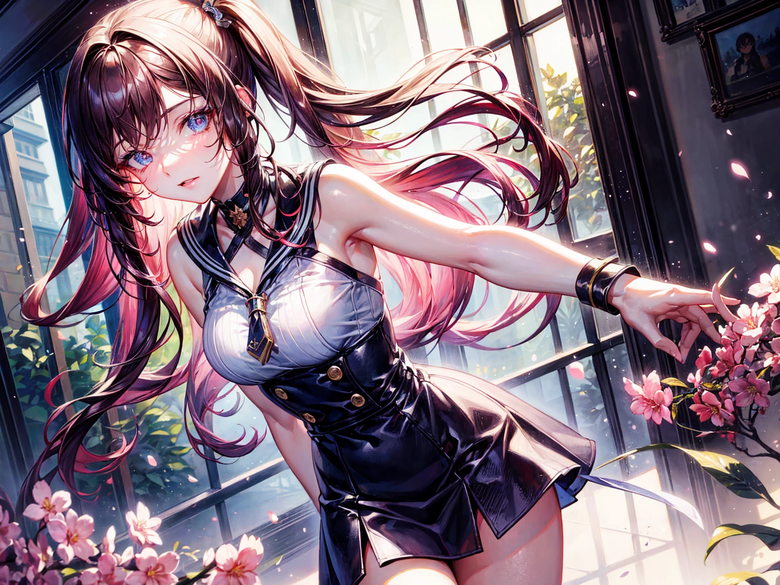 One Girl、Cat ears headband、Cat tail、Maid、Short skirt、Thigh-high socks、Striped pants、Highest quality、8K、Beautiful Face、Mischievous smile、Wink、View Viewer、Bright cafe