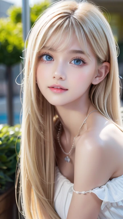 Realistic、The ultimate beautiful blonde、Ultra Recruitment、One baby-faced young idol girl、Distant Gaze、ootd、Off-the-shoulder white top、Round and young face、Accessories Full、 Necklaces 、Big, clear, and incredibly bright, vivid ice mint green eyes that shine beautifully、 big eyes、Long eyelashes、 Big Breasts 、 slim waist 、Light makeup、Neat teeth、Light blonde hair、Small Face Beauty、Very white, young, shiny skin、 super long straight silky hair 、bangs、目と目の間のbangs、目にかかるbangs、Round face