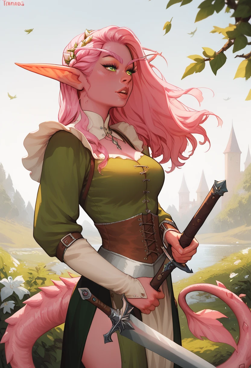 1 girl , pink skin and long hair, (very large elf-style pointy ears),  tail 10 times longer than the body,  a tail with spikes, tail with feathers  . medieval clothes.  Tail in sword form