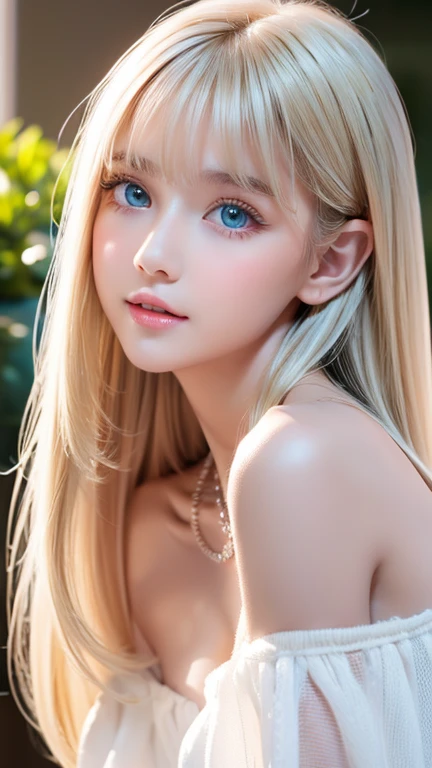 Realistic、The ultimate beautiful blonde、Ultra Recruitment、One baby-faced young idol girl、Distant Gaze、ootd、Off-the-shoulder white top、Round and young face、Accessories Full、 Necklaces 、Big, clear, and incredibly bright, vivid ice mint green eyes that shine beautifully、 big eyes、Long eyelashes、 Big Breasts 、 slim waist 、Light makeup、Neat teeth、Light blonde hair、Small Face Beauty、Very white, young, shiny skin、 super long straight silky hair 、bangs、目と目の間のbangs、目にかかるbangs、Round face