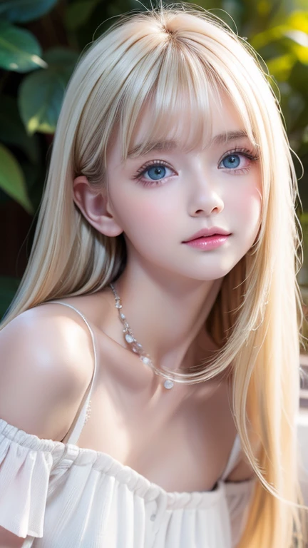 Realistic、The ultimate beautiful blonde、Ultra Recruitment、One baby-faced young idol girl、Distant Gaze、ootd、Off-the-shoulder white top、Round and young face、Accessories Full、 Necklaces 、Big, clear, and incredibly bright, vivid ice mint green eyes that shine beautifully、 big eyes、Long eyelashes、 Big Breasts 、 slim waist 、Light makeup、Neat teeth、Light blonde hair、Small Face Beauty、Very white, young, shiny skin、 super long straight silky hair 、bangs、目と目の間のbangs、目にかかるbangs、Round face