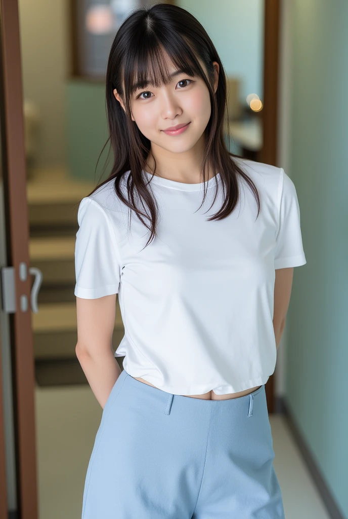 top quality 8k, high resolution, professional photographic, ultra detailed, 15mm film, portrait, (19 year old, beautiful Japanese female, REIKA standing legs parted:1.3), beautiful long hair elegant hair blunt bangs:1.4, beautiful nape, big hip best proportion, arms behind back, micro t-shirts,  "tsundere",  (light-blue skirts:1.4), (too huge tits chewing tits hanging down:1.9), (close up thick thigh smooth thigh radiant thigh focus), too beautiful navel, ((too very blushing)), (ultra detailed white-skinned:1.5), wet skinned, sakumi, 