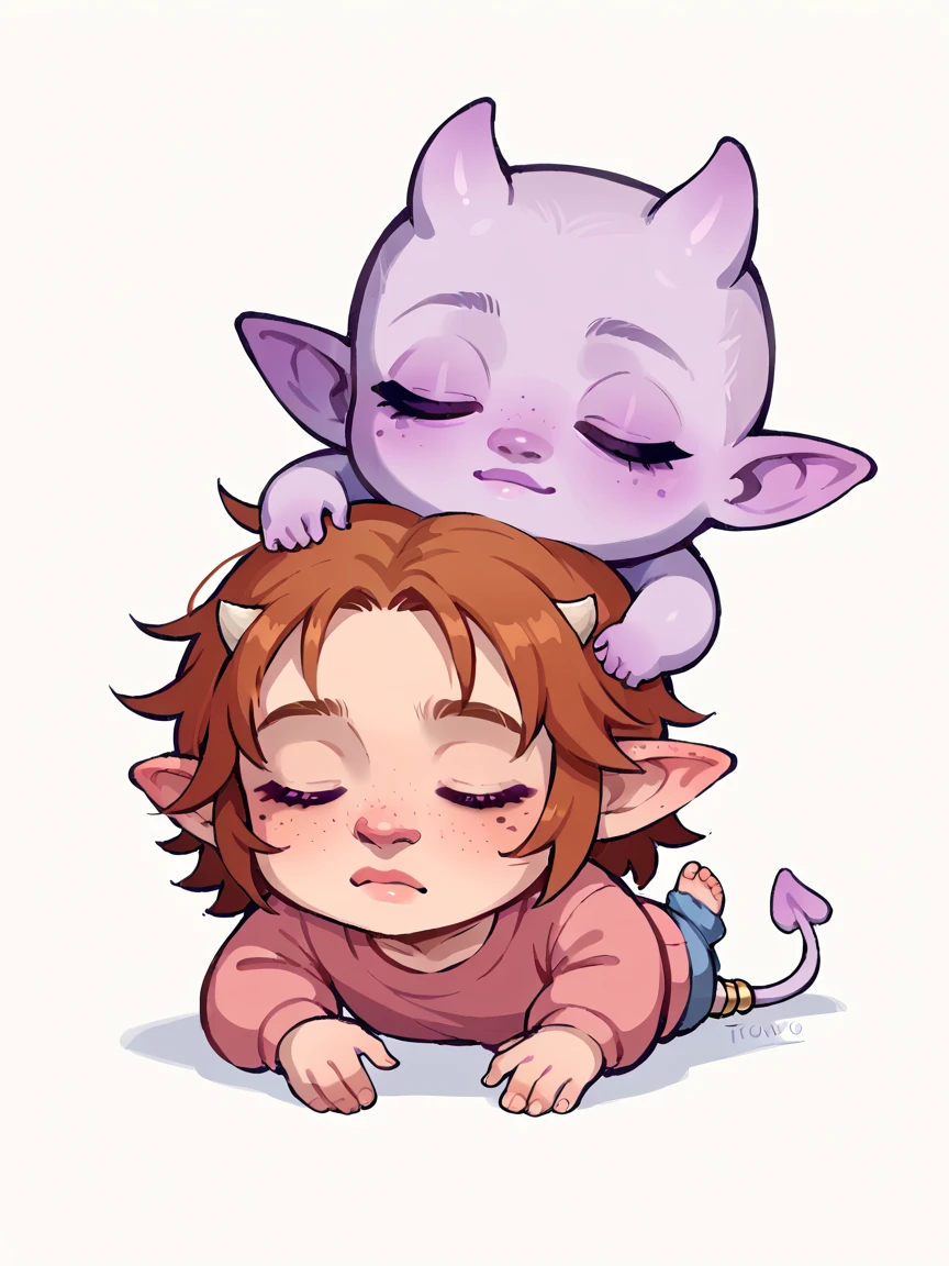 score_9, score_8_up, score_7_up, score_6_up, sw4p, a cute Tiefling newborn, tiny tiefling, 1 yo, soft sleeping expression, closed eyes, freckles, sleeping in a simple white background, tiny tiefling horns, tiefling tail, simple background, baby features, toddler features