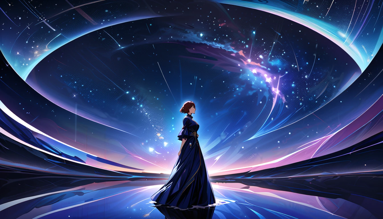  Official Art, Integrated 8K wallpapers,  very detailed,  masterpiece,  best image quality，Ultra Wide Angle，night，woman，Standing by the salt lake，The water is like a mirror，Reflecting the sky, look up at the sky without holding up an umbrella，The Milky Way is in the sky， dynamic angle, Grace,  bright color