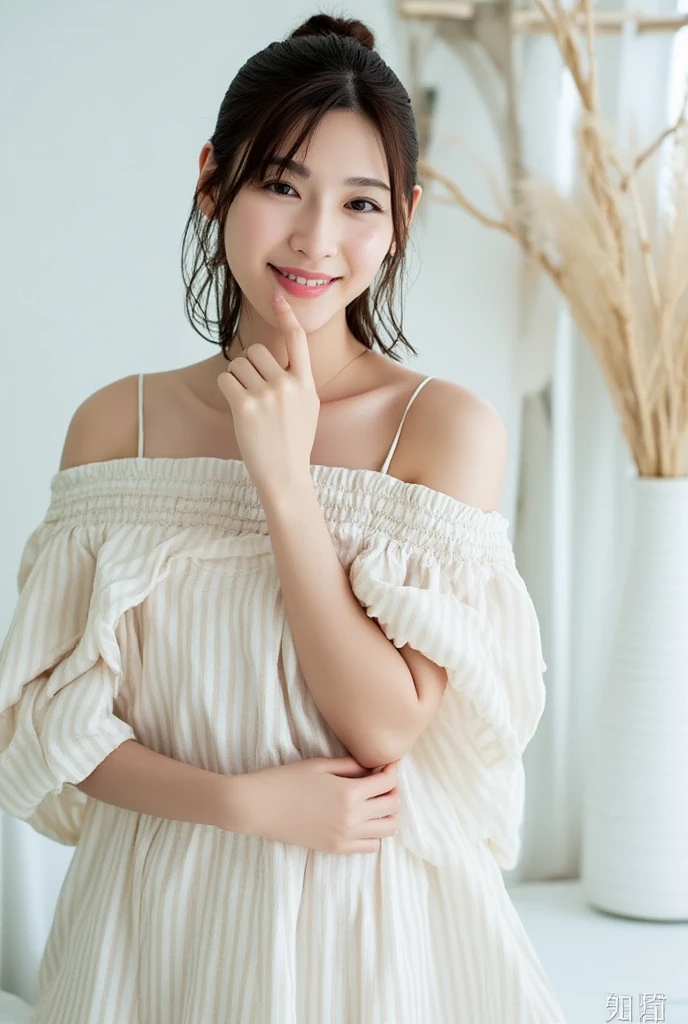 A smiling woman poses alone wearing off-the-shoulder pajamas in pastel colors that convey warmth simply by touching them softly and softly, making a firm, large heart shape with both hands, and holding them in front of her chest, View above collarbone、 background is monotone、
