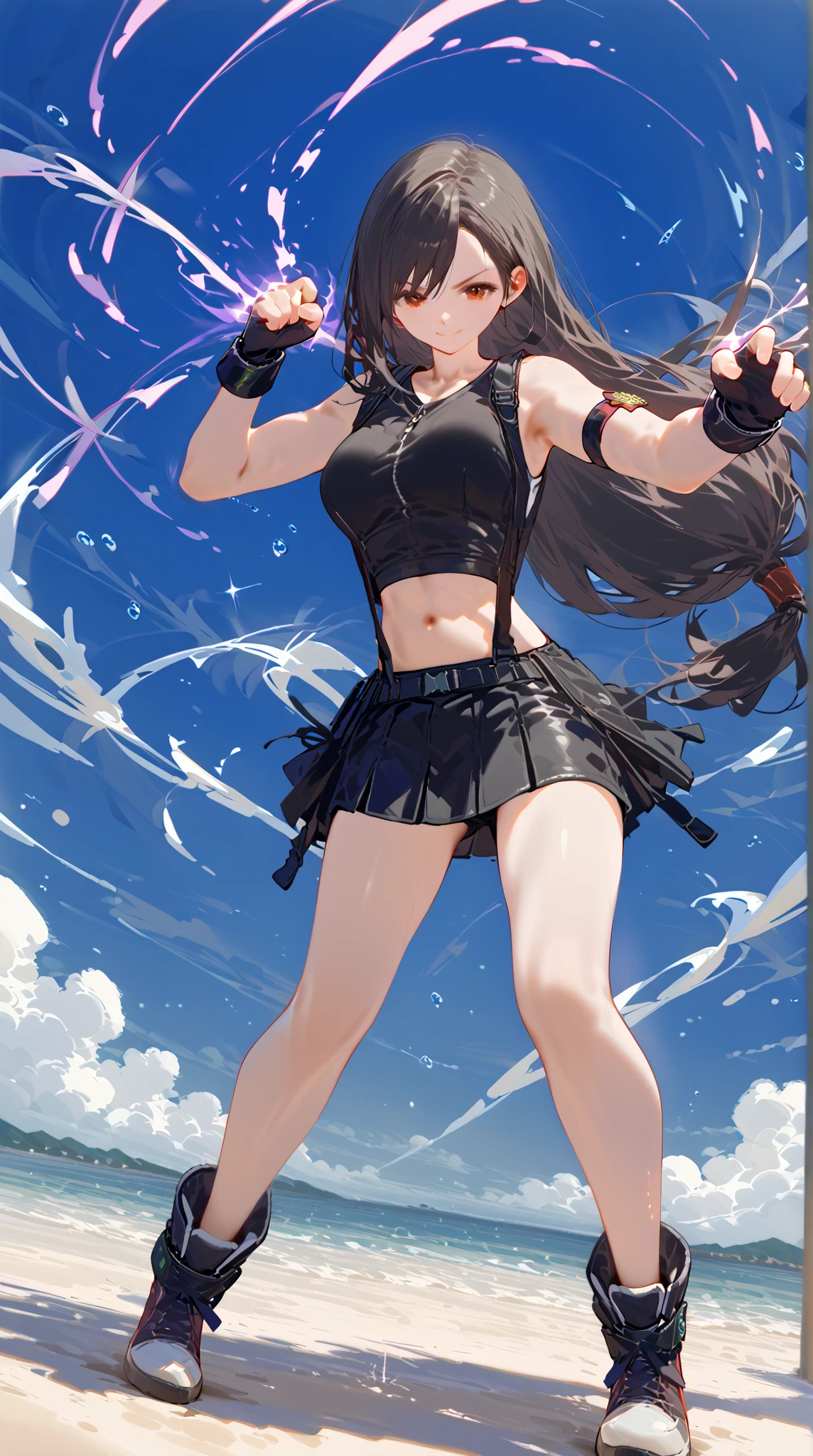 ,solo,1girl\(cute,beauty,acTif,tifa7re, brown eyes, black hair, smirk,long hair, black shirt, black tank top, zipper, black skirt, midriff, black shorts, black gloves, arm ribbon, black sneakers,fighting stance,dynamic pose, (dynamic action:1.3),(limit break:1.3),(muscularity:1.3),(athletic:1.3),muscular,toned,abs\). background\(cosmic,lifestream,spirit energy, mana\),(dynamic angle:1.3). score_9, score_8_up, score_7_up, score_6_up, score_5_up, score_4_up, source_anime,source_furry,rating_safe,rating_questionable,masterpiece, best quality, perfect anatomy , very aesthetic , absurdres ,