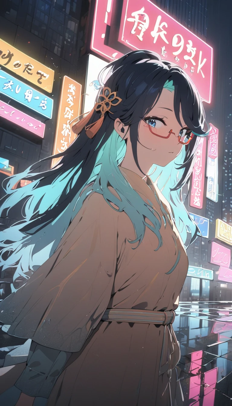 blue_eyes, long_hair, black_hair,semi-rimless_eyewear, hair_ornament, red-framed_eyewear, blue_hair, multicolored_hair, bangs, ,a woman in casual 70s attire,crossing a wide plaza in a city,illuminated by distant skyscrapers,neon lights in blue and teal,wet pavement reflecting light,cinematic lighting,dramatic shadows,highly detailed,8k,masterpiece,  sparse late-night ambiance, high-quality animation style, 1970s aesthetic, faint urban sounds, cool lighting tones , negativeXL_D, unaestheticXL_cbp62 , (negative_v2 Color_Balance_Calibration:0.8)