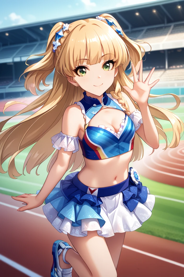 masterpiece, best quality, beautiful lighting, source_anime, 
, jgskrk, petite, long hair, blonde hair, two side up, bangs, hair ornament, green eyes, small breasts, score_9, score_8_up, score_7_up, source_anime, ((tricolor clothes,red and blue and white color)), topknot, midriff peek, Big frilly mini skirt,
 [cleavage],BREAK,waving,in track field