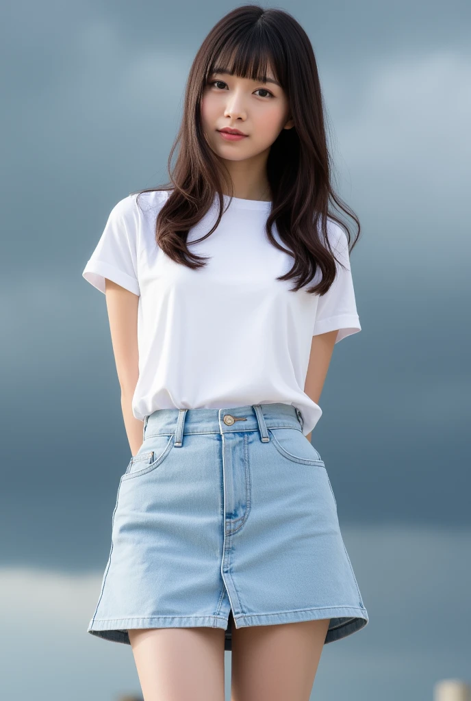 top quality 8k, high resolution, professional photographic, ultra detailed, 15mm film, portrait, (19 year old, beautiful Japanese female, REIKA standing legs parted:1.3), beautiful long hair elegant hair blunt bangs:1.4, beautiful nape, big hip best proportion, arms behind back, micro t-shirts,  "tsundere",  (light-blue skirts:1.4), (too huge tits chewing tits hanging down:1.9), (close up thick thigh smooth thigh radiant thigh focus), too beautiful navel, ((too very blushing)), (ultra detailed white-skinned:1.5), (in tornado stormy:1.4) 