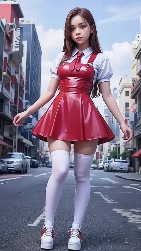 full body , fitted figure , cute beautiful schoogirl, beautiful cute teen face with big lips , High Waisted red sexy leather skater pinafore dress, blouse short puffy sleeves , High Waisted red leather short skater dress, red tie , brunette long hair, Beautiful eyes. white stockings, thick platform shoes, a girl stands against the backdrop of a futuristic city  flying cars in the sky, red flags, green leaves on the trees., photorealistic, Full body