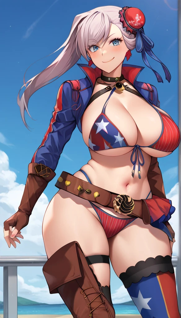 sfw, MiraKamiunten, streaked hair, earrings, military hat, white gloves, sarashi, huge breast, cleavage, purple jacket, red belt, spiked collar, epaulettes, fundoshi, (masterpiece, highest quality, best quality, official art, beautiful and aesthetic: 1.2), (1girl), extremely detailed, (fractal art: 1.3), colorful, highest detailed, perfect face, HDR, bright colors, huge breasts, detailed face, detailed eyes, perfect face, perfect eyes, (full body), 