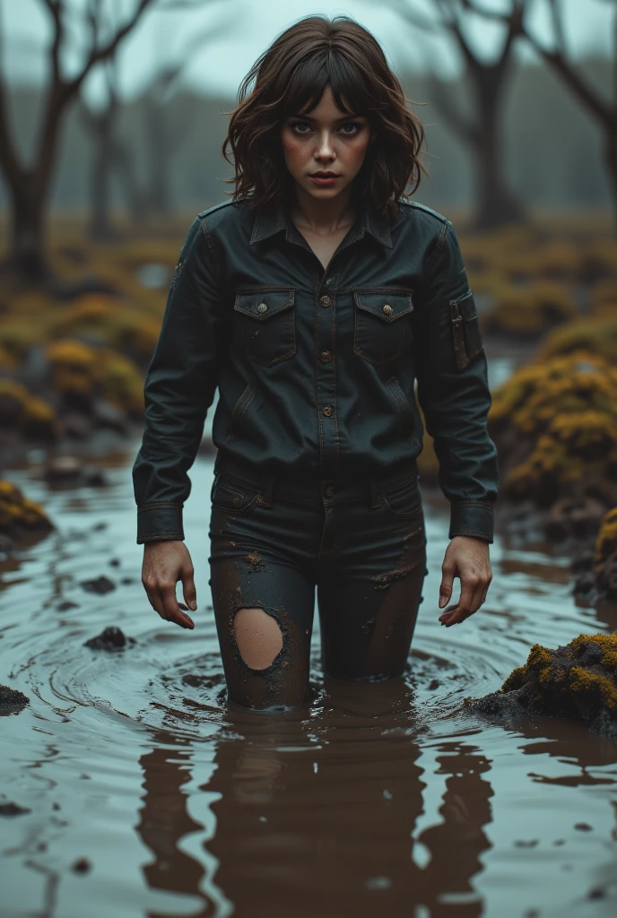 ( top quality,4K, high resolution keylet, realistic ),portrait, The girl dived into a deep muddy swamp , her jeans are soaked in a thick layer of sticky mud, wild and creepy environment , dark and mysterious  , misty atmosphere , soft lighting,bright colors,A reflection in a swamp , restless and vulnerable 