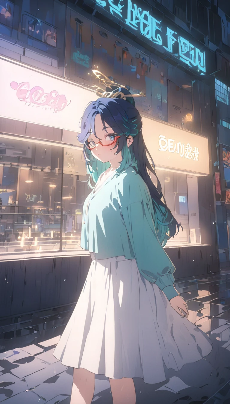 blue_eyes, long_hair, black_hair,semi-rimless_eyewear, hair_ornament, red-framed_eyewear, blue_hair, multicolored_hair, bangs, ,a woman in casual 70s attire,crossing a wide plaza in a city,illuminated by distant skyscrapers,neon lights in blue and teal,wet pavement reflecting light,cinematic lighting,dramatic shadows,highly detailed,8k,masterpiece, sparse late-night ambiance, high-quality animation style, 1970s aesthetic, faint urban sounds, cool lighting tones , negativeXL_D, unaestheticXL_cbp62 , (negative_v2 Color_Balance_Calibration:0.8)
