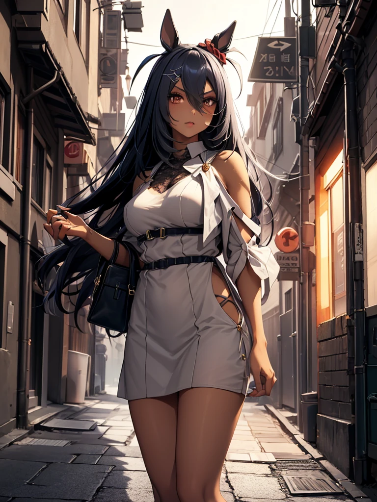 (​masterpiece、top-quality、hight resolution、Unity 8k、extremely details CG:1,Best Picture), horse ears, hishi amazon(umamusume), A beautiful woman with a sultry and alluring presence, standing under the warm glow of a streetlamp in a dimly lit, cobblestone street. She has long, flowing hair styled elegantly, with striking makeup that enhances her expressive eyes and full lips. Her outfit is bold and eye-catching, featuring a form-fitting dress with intricate patterns, lace accents, exuding confidence and charm. Her posture is both confident and relaxed, one hand resting on her hip while the other loosely holds a small purse. The background features a moody urban setting with a mix of shadowy alleyways and flickering neon signs, adding a sense of mystery and allure. Her expression is a blend of sophistication and guarded vulnerability, embodying both strength and allure in her demeanor.