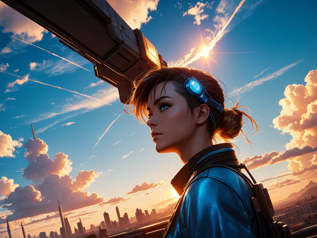 far-future cyberpunk, golden hour, blue sky, clouds, scenery, in a Pixie Dust Trails