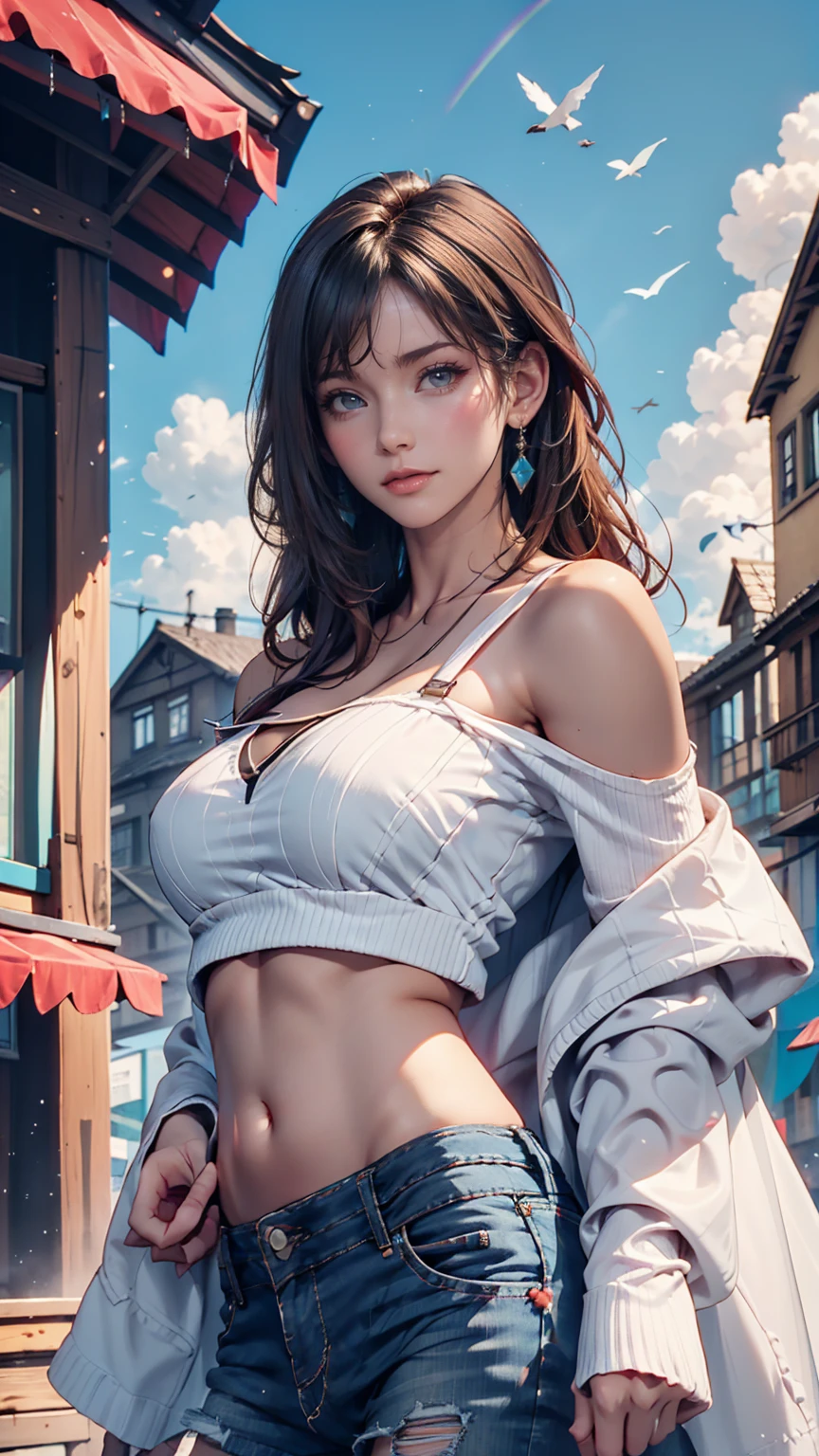  1 girl , cute, young,  skinny, (3N1DS1NCL41R:0.9),  realistic pictures,  Extreme Details, Street Photography, { best quality}, {{  Masterpiece }}, { high definition }、  Off Shoulder Tops(Midriff length )、blue sky、cloud、rainbow、 cowboy shot 