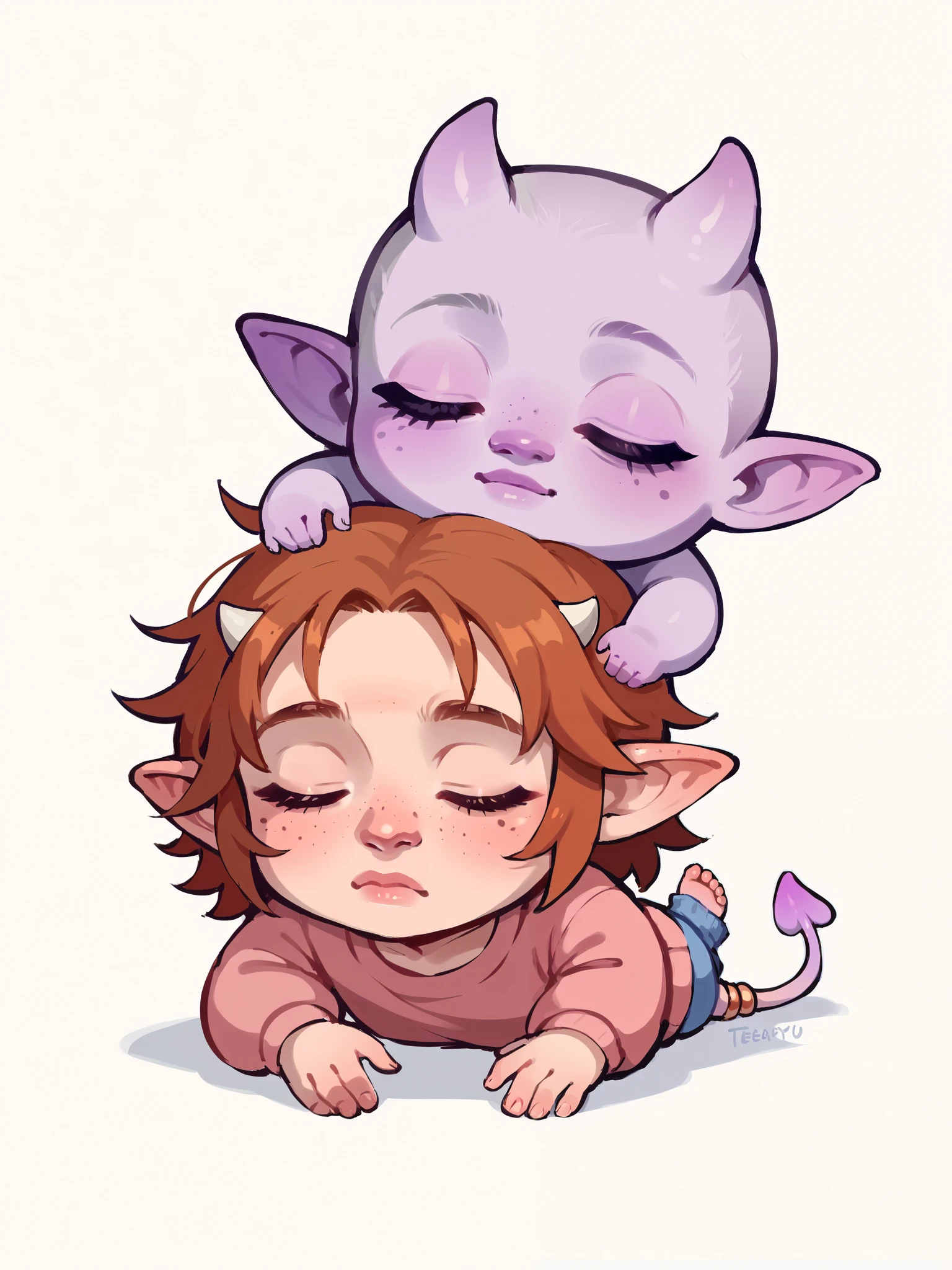 score_9, score_8_up, score_7_up, score_6_up, sw4p, a cute Tiefling newborn, tiny tiefling, 1 yo, soft sleeping expression, closed eyes, freckles, sleeping in a simple white background, tiny tiefling horns, tiefling tail, simple background, baby features, toddler features