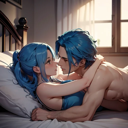 A blue haired woman and her husband having sex