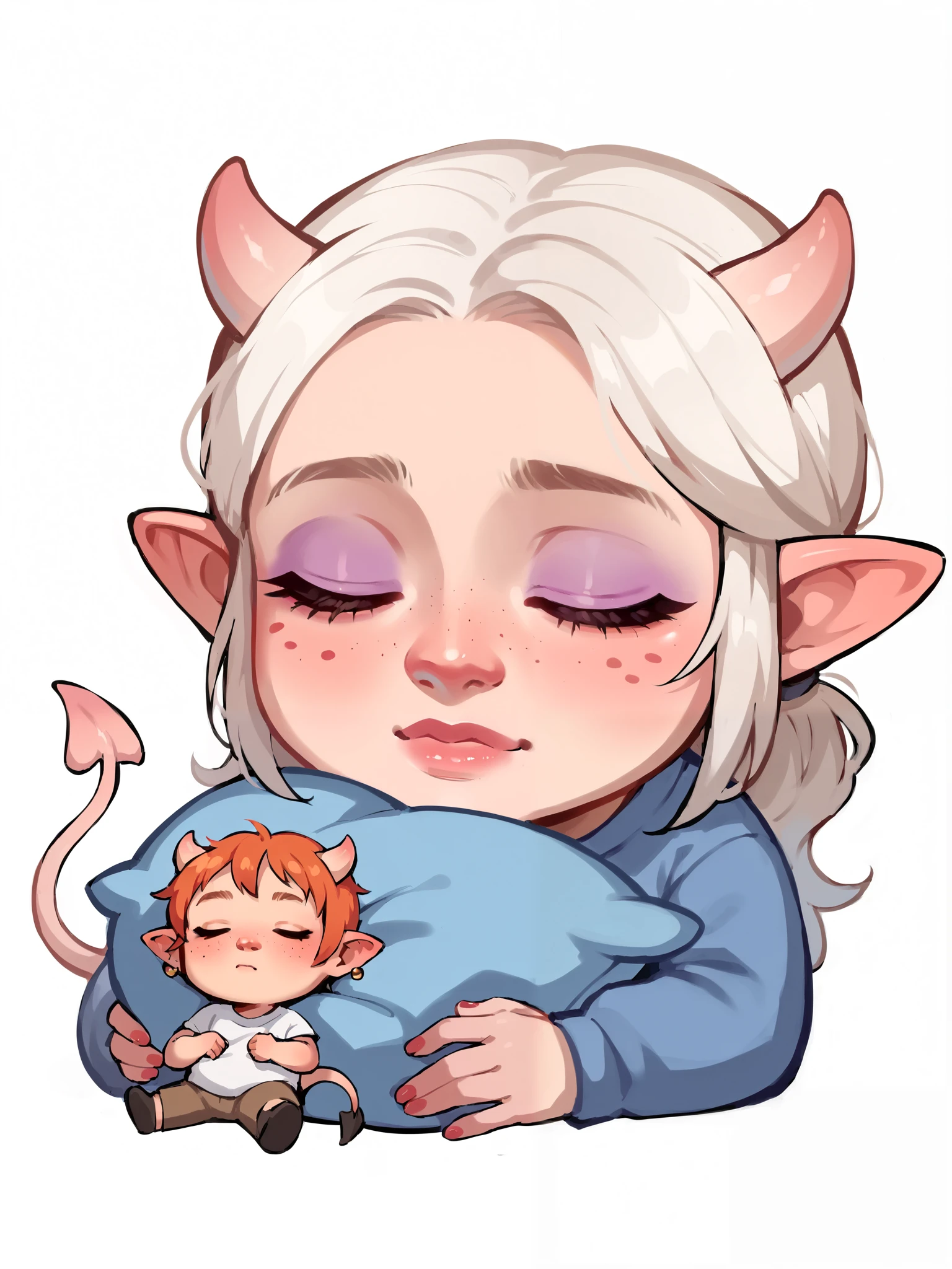 score_9, score_8_up, score_7_up, score_6_up, sw4p, a cute Tiefling newborn, tiny tiefling, ****, soft sleeping expression, closed eyes, freckles, sleeping in a simple white background, tiny tiefling horns, tiefling tail, simple background, baby features, toddler features