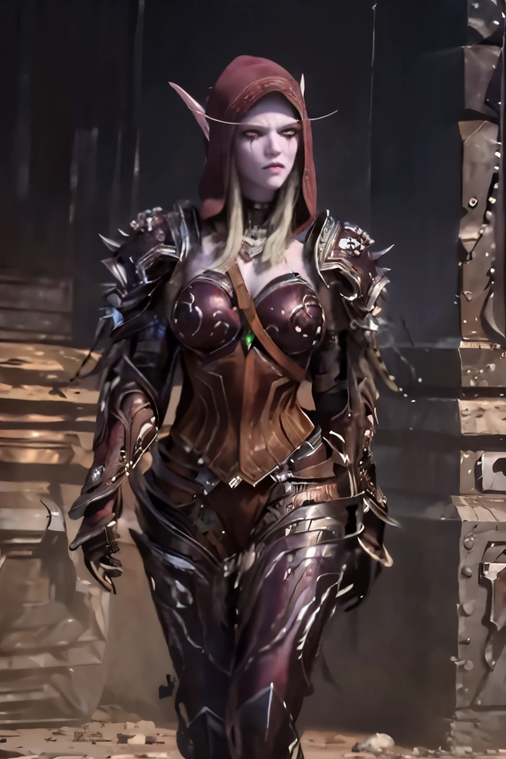 realistic, realism, photorealism, photo-realistic, high contrast, (photorealistic:1.4), 8k high definition detailed realistic, (best quality, masterpiece:1.2), NSFW,  photon mapping, radiosity, physically-based rendering, best quality, highly detailed,sylvanasw, elf, elf ear, hood up, full body, looks at the viwer, red eyes,