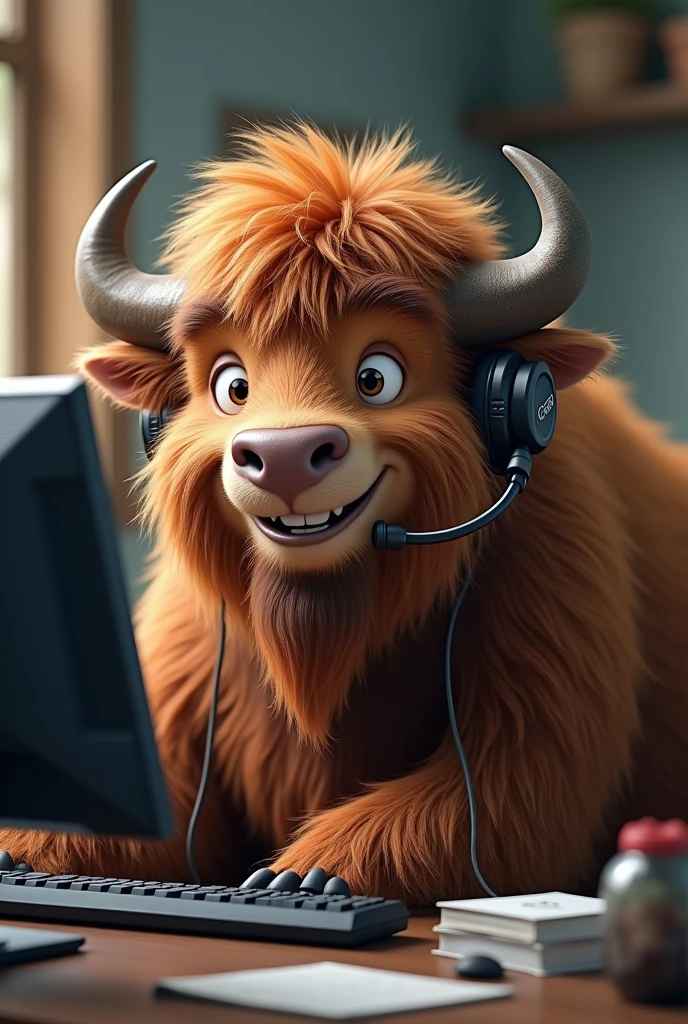 lächelndes, hairy bison with microphone headset sitting on a PC as a square picture