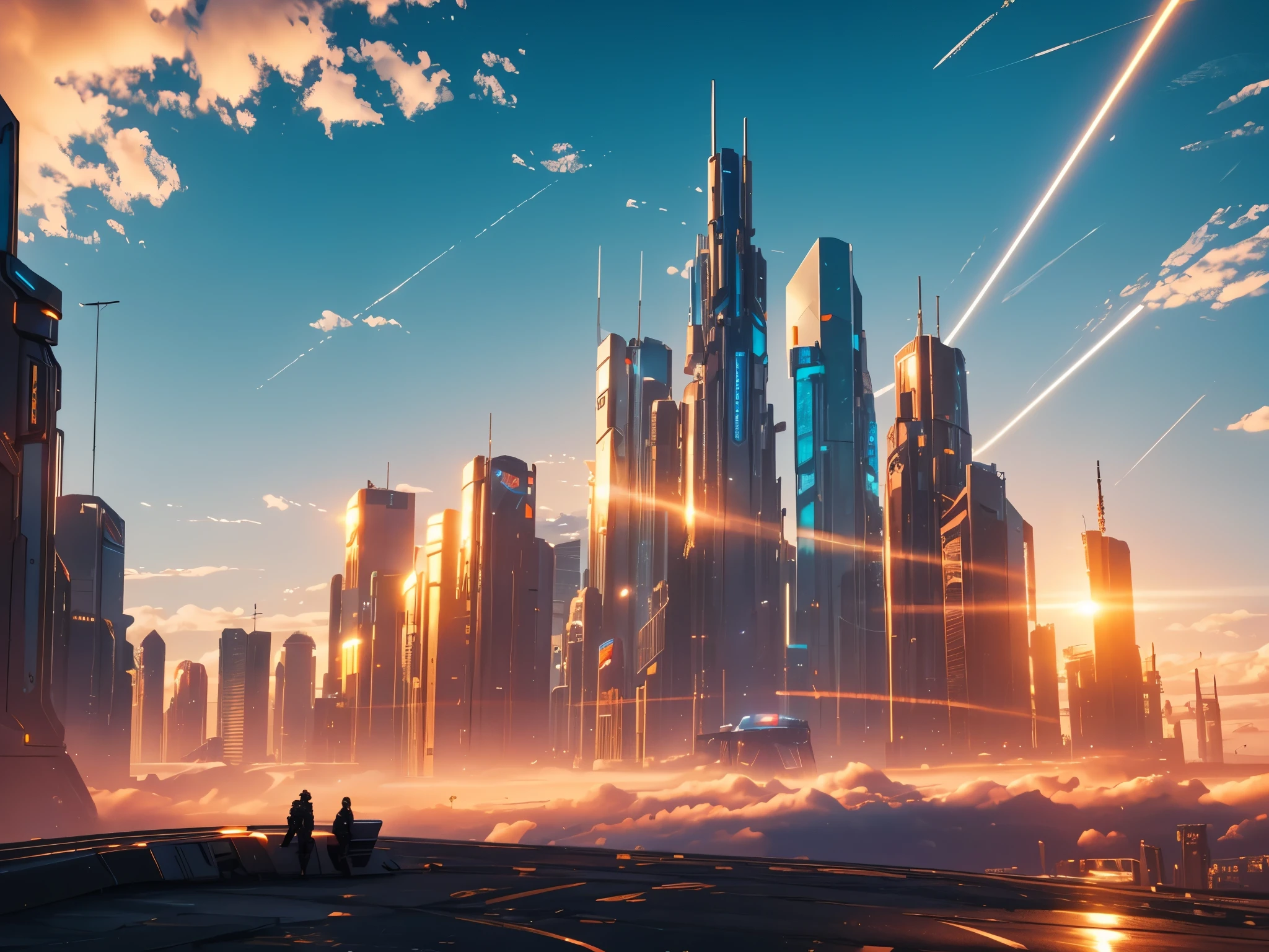 far-future cyberpunk, golden hour, blue sky, clouds, scenery, in a Pixie Dust Trails