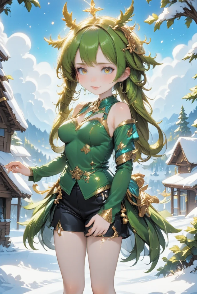 Cute girl dressed as a fir tree smiling shyly, fir tree costume, smiling star on her head, Christmas decoration, snowy scenery, cute fantasy art, ultra detailed, absolutely resolution, masterpiece