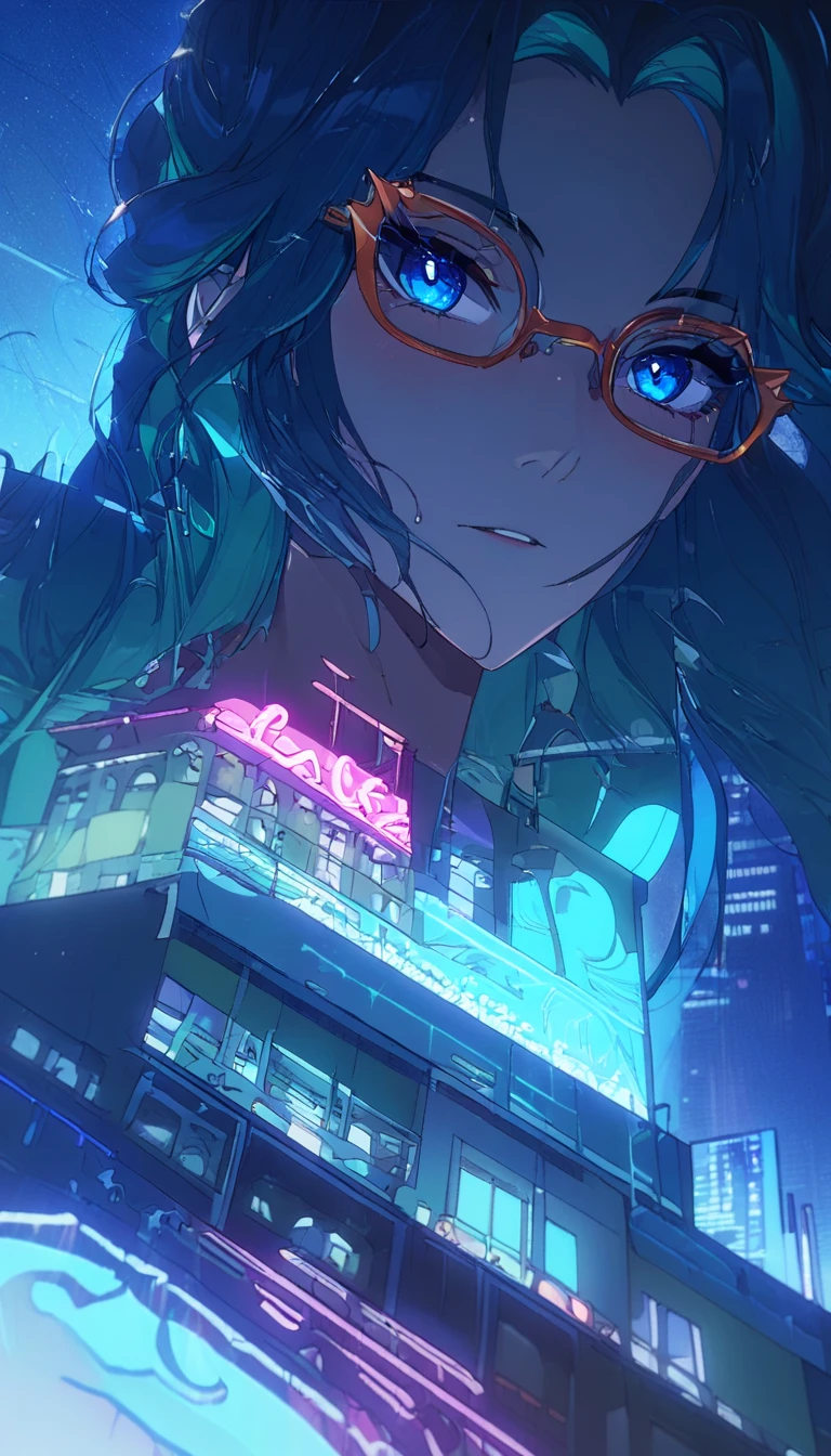 blue_eyes, long_hair, black_hair,semi-rimless_eyewear, hair_ornament, red-framed_eyewear, blue_hair, multicolored_hair, bangs, ,a woman in casual 70s attire,crossing a wide plaza in a city,illuminated by distant skyscrapers,neon lights in blue and teal,wet pavement reflecting light,cinematic lighting,dramatic shadows,highly detailed,8k,masterpiece, sparse late-night ambiance, high-quality animation style, 1970s aesthetic, faint urban sounds, cool lighting tones , negativeXL_D, unaestheticXL_cbp62 , (negative_v2 Color_Balance_Calibration:0.8)
