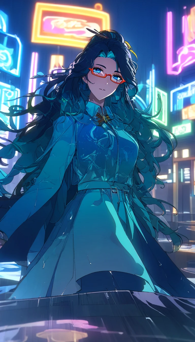 blue_eyes, long_hair, black_hair,semi-rimless_eyewear, hair_ornament, red-framed_eyewear, blue_hair, multicolored_hair, bangs, ,a woman in casual 70s attire,crossing a wide plaza in a city,illuminated by distant skyscrapers,neon lights in blue and teal,wet pavement reflecting light,cinematic lighting,dramatic shadows,highly detailed,8k,masterpiece, sparse late-night ambiance, high-quality animation style, 1970s aesthetic, faint urban sounds, cool lighting tones , negativeXL_D, unaestheticXL_cbp62 , (negative_v2 Color_Balance_Calibration:0.8)
