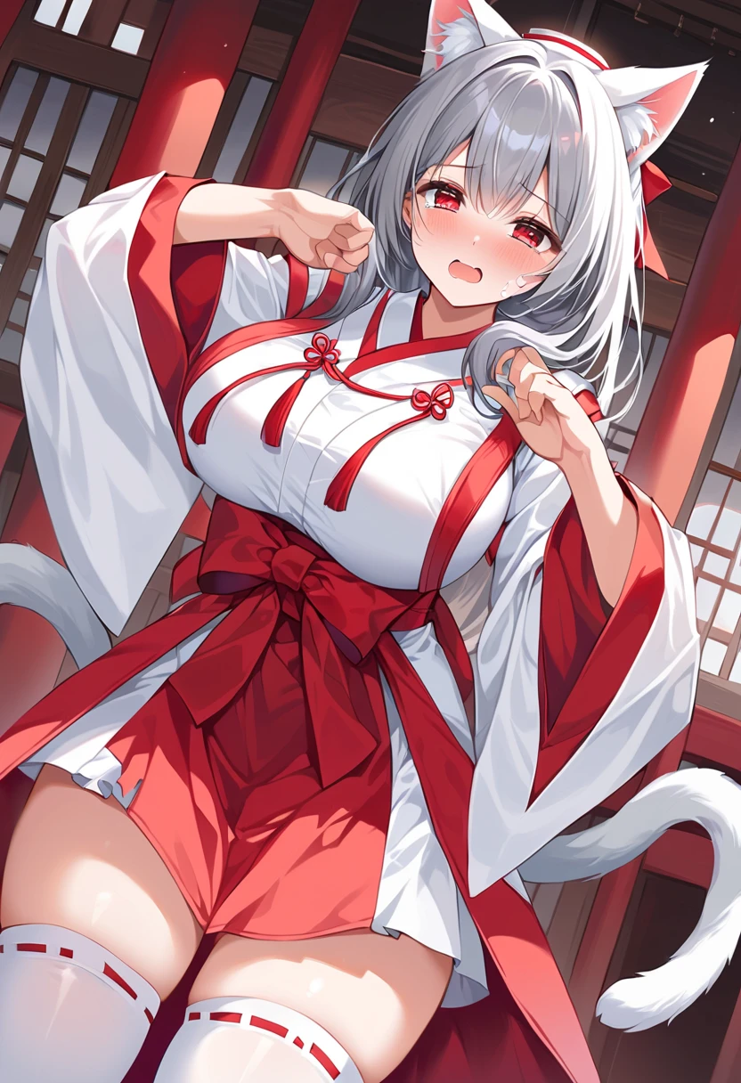 Lori、、Petite、Big Breasts、 princess cut、 long hair、Gray Hair、 red eyes、Cat ears、Cat tail、Shrine maiden、Shrine maiden服、 White Kimono 、White Knee Highs、 apron dress、White brim、 hakama short skirt、, miko,red hakama、 hakama short skirt、Crying face、 BREAK masterpiece、 beautiful attention to detail :1.2,  Complete, (  perfect hand,  Perfect Anatomy  )、