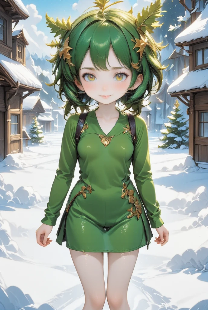 Cute girl dressed as a fir tree smiling shyly, fir tree costume, smiling star on her head, Christmas decoration, snowy scenery, cute fantasy art, ultra detailed, absolutely resolution, masterpiece