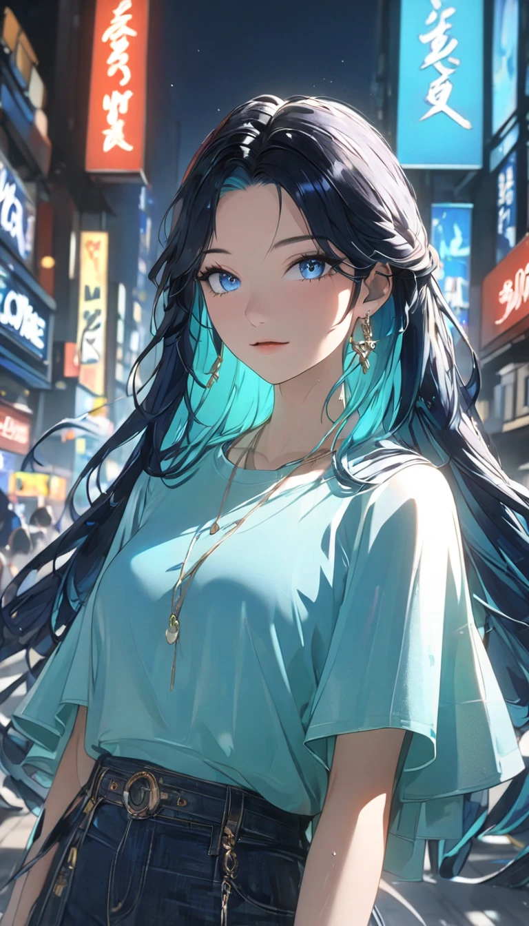 blue_eyes, long_hair, black_hair,semi-rimless_eyewear, hair_ornament, red-framed_eyewear, blue_hair, multicolored_hair, bangs, ,a woman in casual 70s attire,crossing a wide plaza in a city,illuminated by distant skyscrapers,neon lights in blue and teal,wet pavement reflecting light,cinematic lighting,dramatic shadows,highly detailed,8k,masterpiece, sparse late-night ambiance, high-quality animation style, 1970s aesthetic, faint urban sounds, cool lighting tones , negativeXL_D, unaestheticXL_cbp62 , (negative_v2 Color_Balance_Calibration:0.8)
