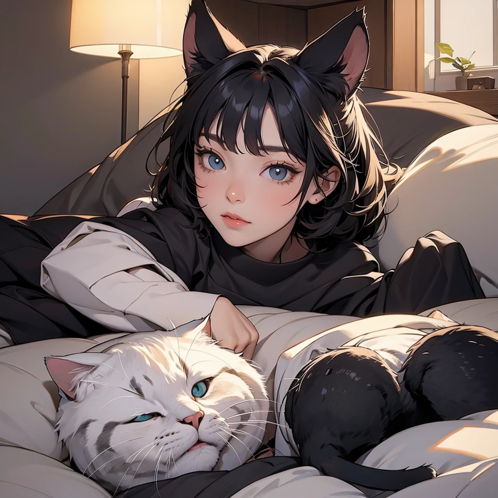 Amidst the tranquil silent night sky, a digital painting by Ni Tian, CG Society brings to life a cozy scene of a couple of cute cartoon cat avatars lounging on a soft, inviting bed. The bed, illuminated by the gentle glow of the moonlight filtering in through the window, is adorned with the playful duo, their purring bodies curled up against each other in a peaceful slumber. Their adorable, expressive faces — large, round eyes and broad grins — are the picture of contentment as they bask in the stillness of the night. The background, filled with the intricate details of Ni Tian's art