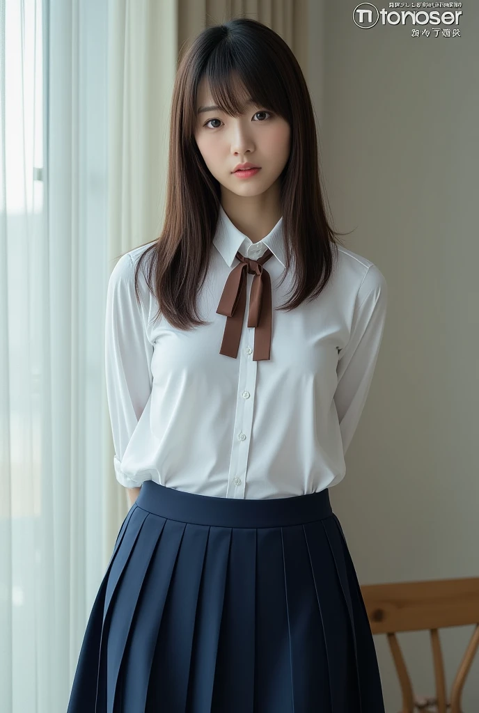 top quality 8k, high resolution, professional photographic, ultra detailed, 15mm film, portrait, (19 year old, beautiful Japanese female, REIKA standing legs parted:1.3), beautiful long hair elegant hair blunt bangs:1.4, beautiful nape, big hip best proportion, arms behind back, (white-shirt, brown ribbon tie:1.4),  (detailed dark-blue skirts:1.4), (too huge tits chewing tits hanging down:1.9), (close up thick thigh smooth thigh radiant thigh focus), ((too very blushing)), (ultra detailed white-skinned:1.5), (good depth field, in tornado stormy:1.5) 