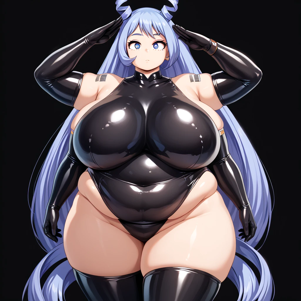 ,score_9, score_8_up, score_7_up, score_6_up, score_5_up, score_4_up ,8K,4K,source_anime,shiny,1girl,nejire hadou, blue eyes, blue hair, long hair,gigantic breasts,empty eyes,no pupils,no expression,expressionless,combatant,((black rubber leotard,black thigh highs,black elbow gloves)),(stand up,salute),simple background,black background,POV from front,looking at viewer, shoulder tattoo,barcodes tattoo fat, chubby, obese, gigantic arms and legs, large breasts close mouth,fat, chubby, obese, gigantic arms and legs