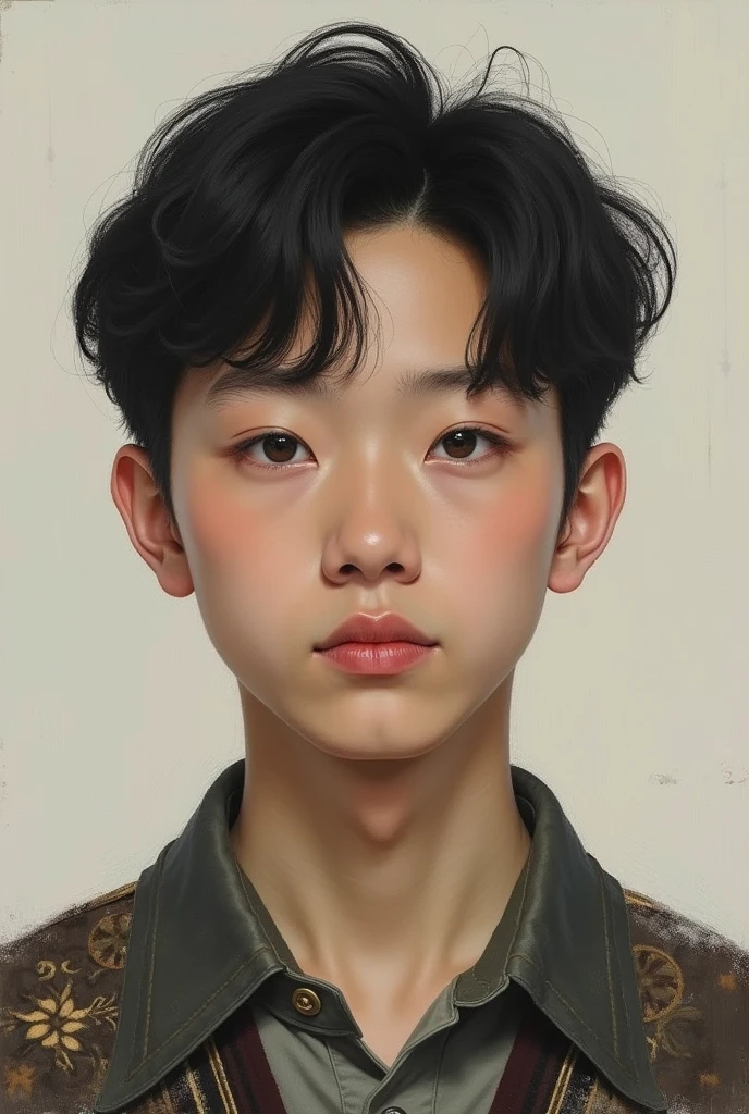 A painting of a age boy in a school uniform, with small ears, no mustache, cold hair straight to the neck