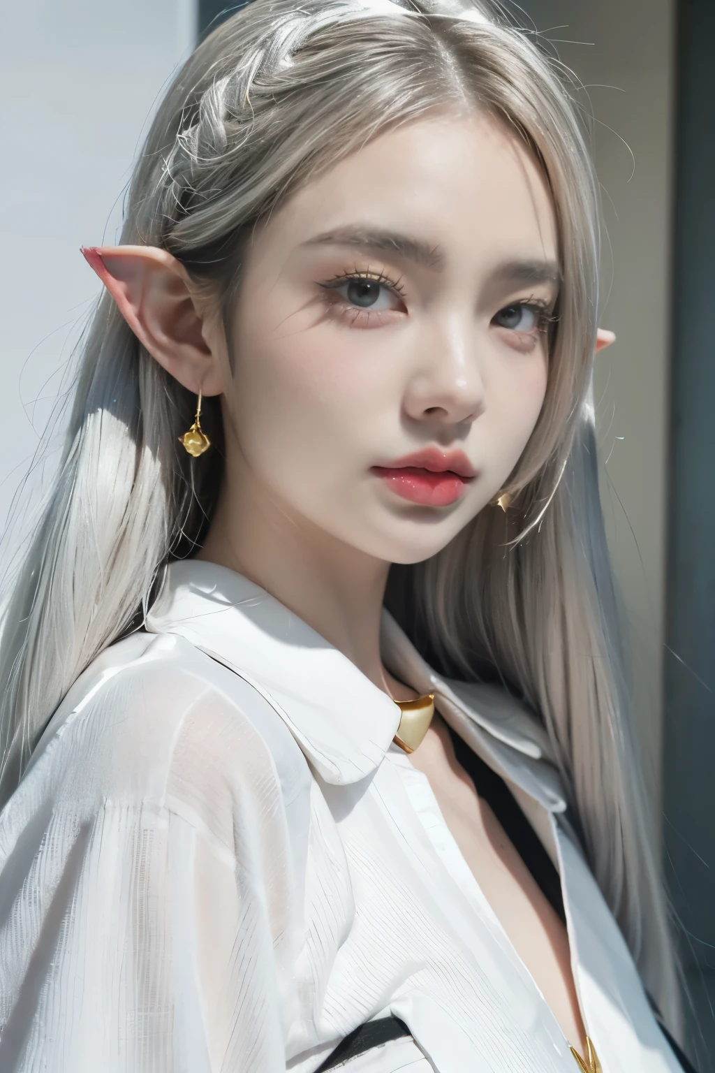 A close-up portrait of a young woman, close eyes, eyes close, cosplaying as an elf. She has long, silver-white hair styled in two pigtails. She wears pointed elf ears and simple, dangling red earrings. Her eyes are large and light green, with a hint of moisture, giving her a slightly vulnerable appearance. Her makeup is soft and natural, with rosy cheeks and pale pink lips. She wears a white and black horizontally striped shirt, partially visible beneath a white, open-front jacket with gold trim and a circular red gem brooch near the collar. Her expression is neutral, almost melancholic, with a direct gaze towards the camera. The background is a muted blue and has a soft, diffused lighting. The photo has a shallow depth of field, focusing on the face and upper body of the cosplayer.