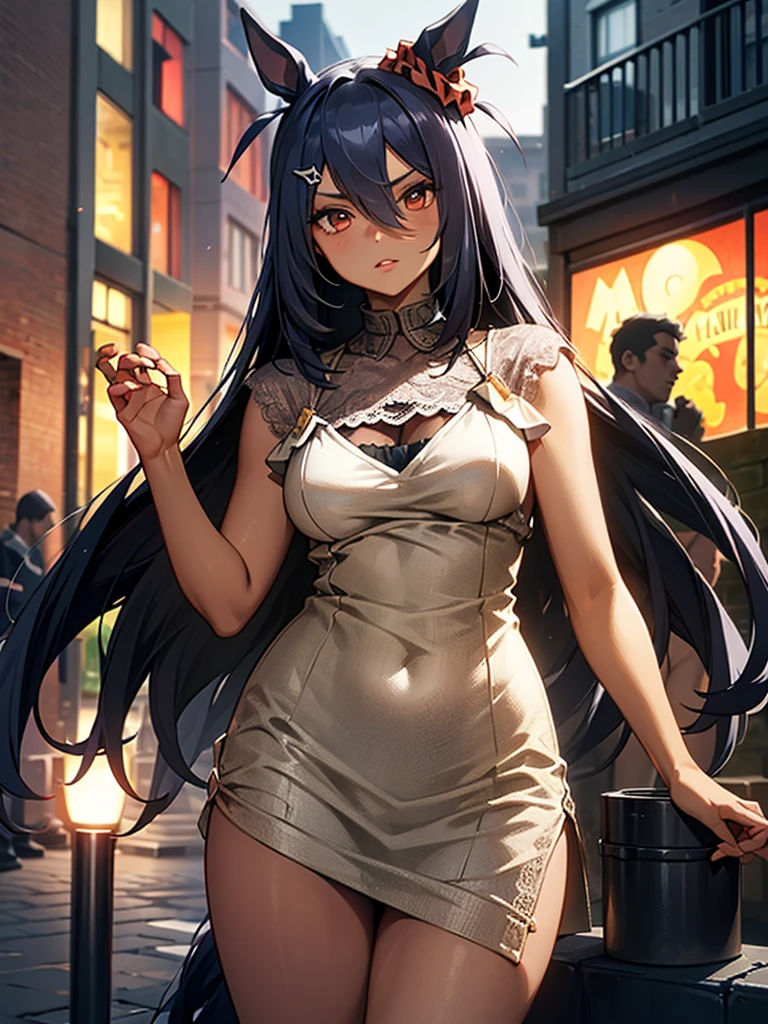 (​masterpiece、top-quality、hight resolution、Unity 8k、extremely details CG:1,Best Picture), horse ears, hishi amazon(umamusume), A beautiful woman with a sultry and alluring presence, standing under the warm glow of a streetlamp in a dimly lit, cobblestone street. She has long, flowing hair styled elegantly, with striking makeup that enhances her expressive eyes and full lips. Her outfit is bold and eye-catching, featuring a form-fitting dress with intricate patterns, lace accents, exuding confidence and charm. Her posture is both confident and relaxed, one hand resting on her hip while the other loosely holds a small purse. The background features a moody urban setting with a mix of shadowy alleyways and flickering neon signs, adding a sense of mystery and allure. Her expression is a blend of sophistication and guarded vulnerability, embodying both strength and allure in her demeanor.