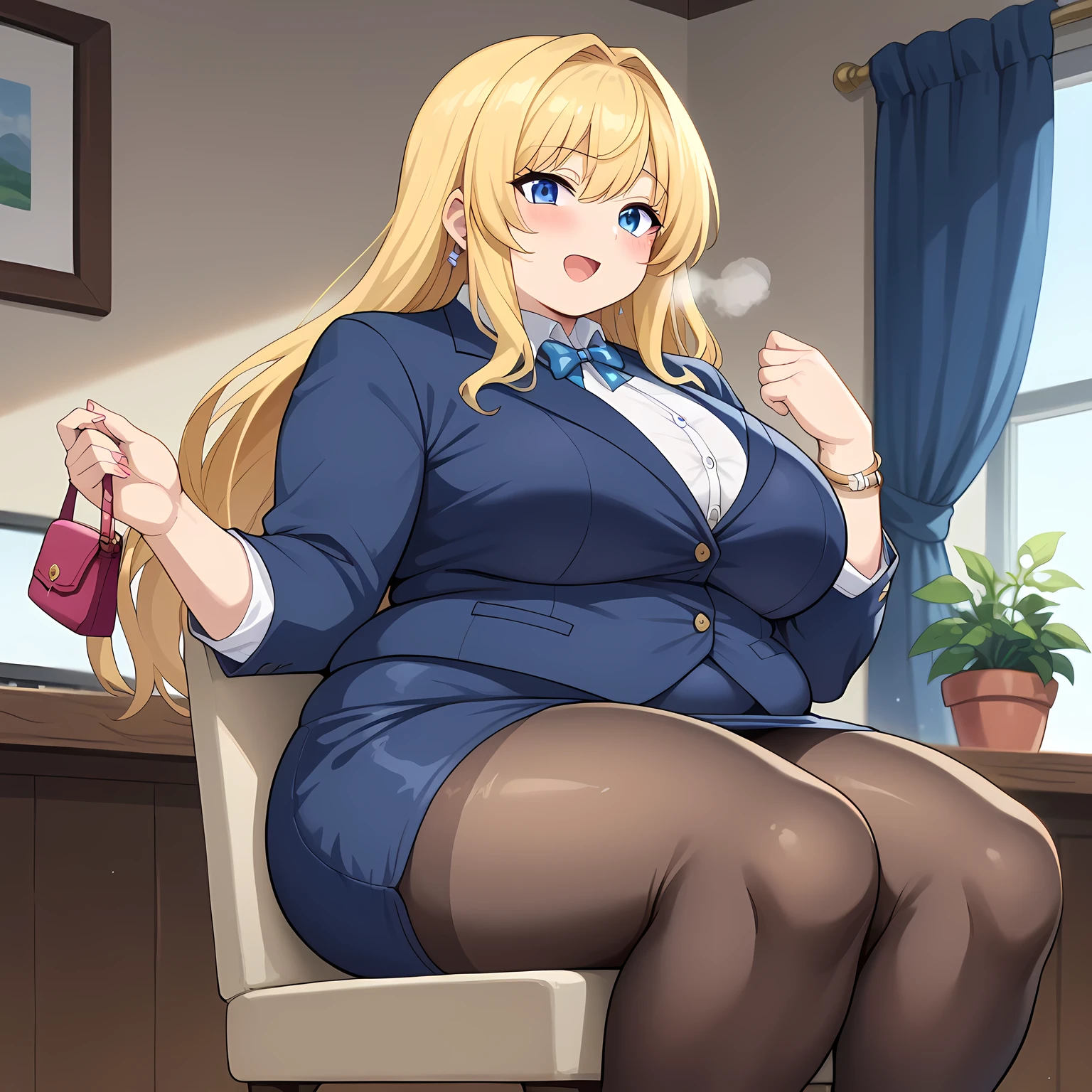 Woman, blue eyes, , anime screencap 2d, adult woman, Decollete, , nsfw,  bracelets, handbag , puffy skirt,  long straight hairstyle , pantyhose  , Blazer, business woman, sitting on chair fat, chubby, obese, gigantic arms and legs, large breasts open mouth, out of breath