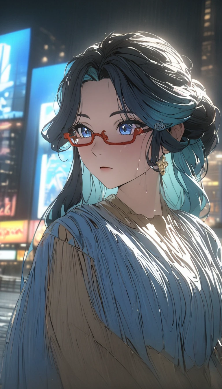 blue_eyes, long_hair, black_hair,semi-rimless_eyewear, hair_ornament, red-framed_eyewear, blue_hair, multicolored_hair, bangs, ,a woman in casual 70s attire,crossing a wide plaza in a city,illuminated by distant skyscrapers,neon lights in blue and teal,wet pavement reflecting light,cinematic lighting,dramatic shadows,highly detailed,8k,masterpiece, sparse late-night ambiance, high-quality animation style, 1970s aesthetic, faint urban sounds, cool lighting tones , negativeXL_D, unaestheticXL_cbp62 , (negative_v2 Color_Balance_Calibration:0.8)
