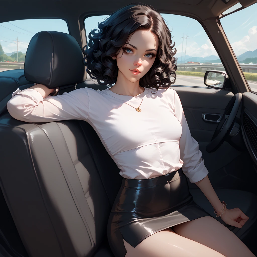 araffe sitting in a car with a cup of coffee, sentada en su auto, Estilo de Julia Razumova, Anna Nikolanova aka Newmilky, Dama seductora, Chica con cabello negro, Mujer muy sexy con cabello negro, Dasha Taran, hembra con pelo largo y negro, Kendall Jenner, long curvy black hair, hermosa poarch